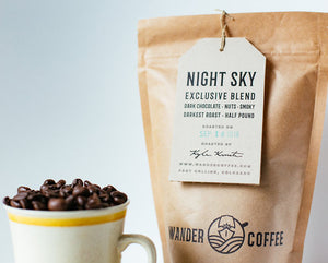 organic night sky blend with whole coffee beans